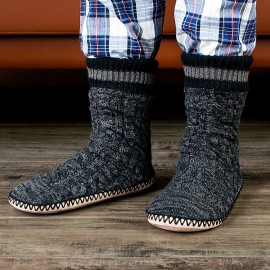 Men's Slipper Socks, Winter Cable Knit Non-Skid Warm Slipper Socks, Cozy Soft Indoor Socks, Fluffy Sherpa Shoes