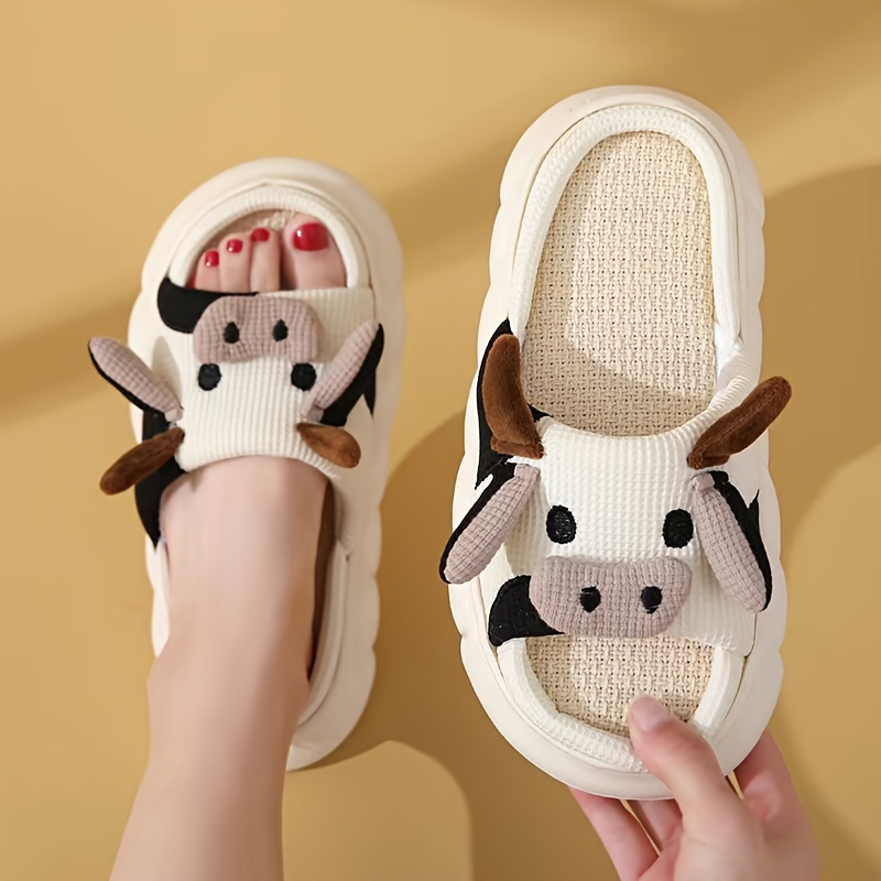 mens cartoon milk cow graphic slippers funny animal home slipper non slip open toe slippers with linen uppers for indoor walking details 1