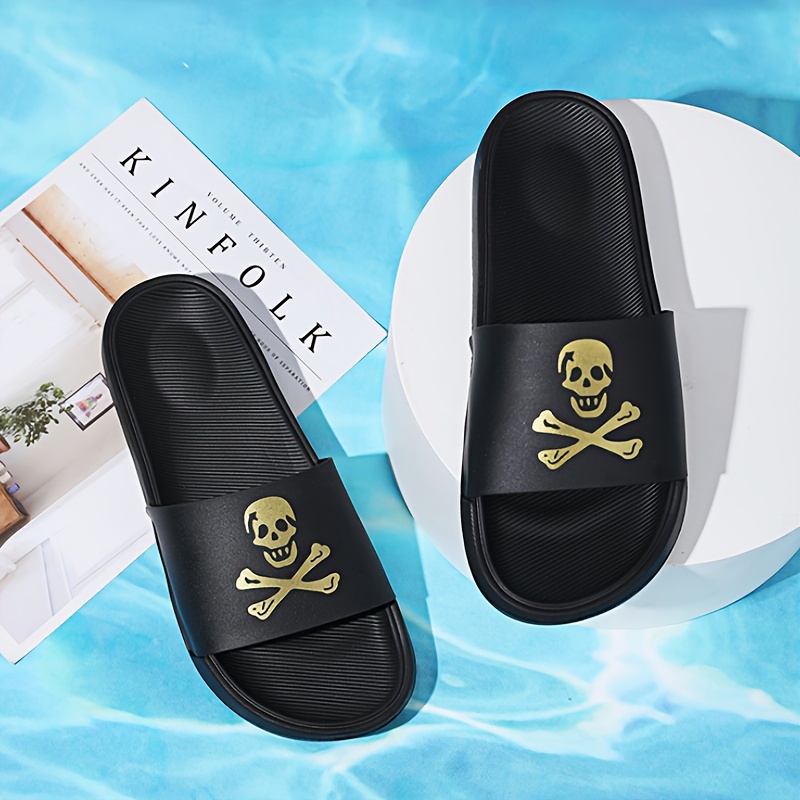 skull and crossbones print slides for men casual non slip slippers open toe shoes for indoor outdoor beach shower details 1