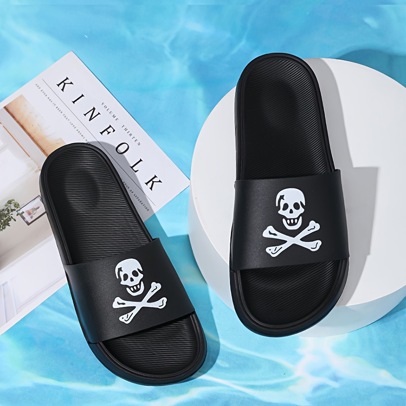 skull and crossbones print slides for men casual non slip slippers open toe shoes for indoor outdoor beach shower details 2