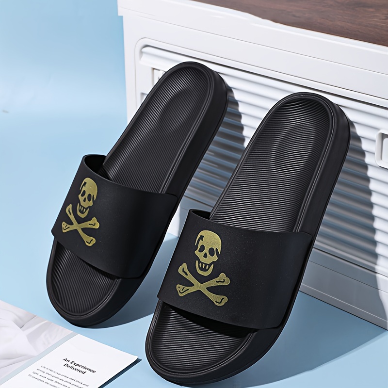 skull and crossbones print slides for men casual non slip slippers open toe shoes for indoor outdoor beach shower details 4