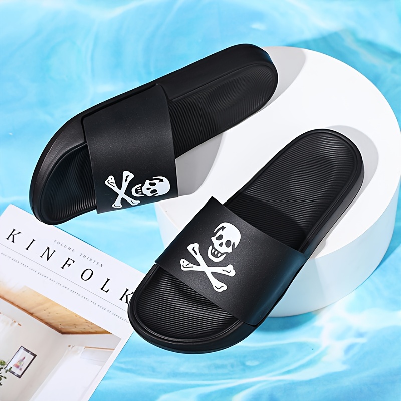 skull and crossbones print slides for men casual non slip slippers open toe shoes for indoor outdoor beach shower details 6