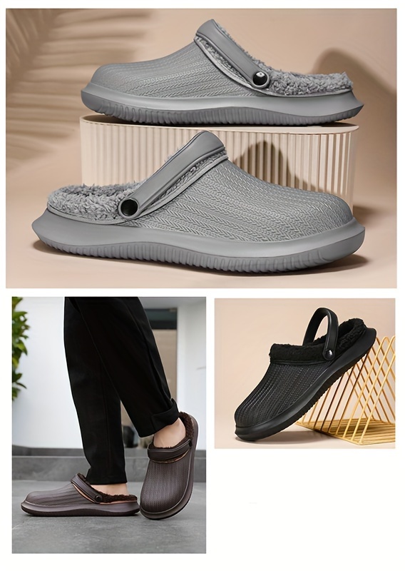 mens waterproof plush lined clogs slip on closed toe slippers soft sole walking shoes comfy home slippers for winter details 1