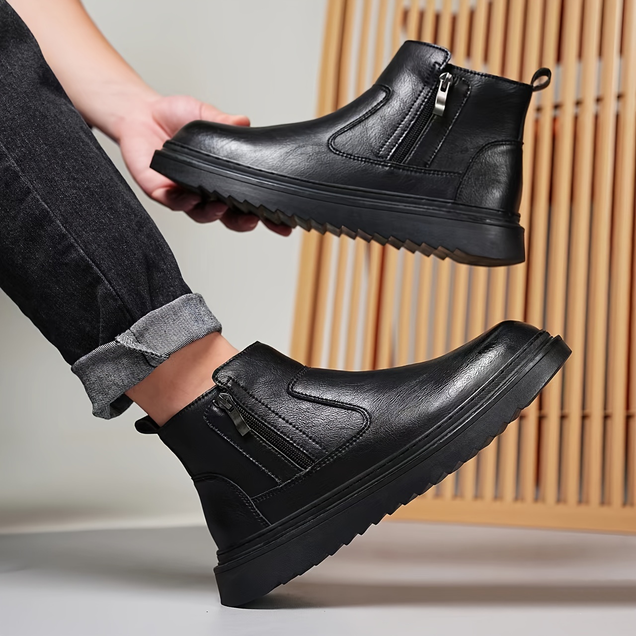 mens retro solid ankle boots waterproof wear resistant anti skid slip on boots with side zipper decor for outdoor details 8