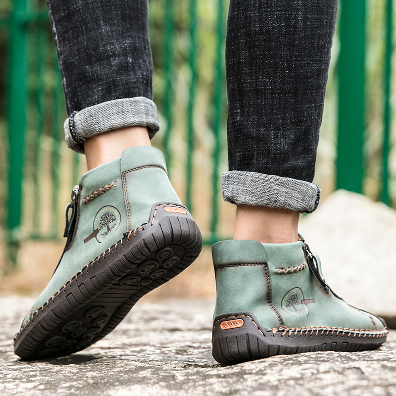 mens handmade lace free boots with zippers green stitched high top shoes for outdoor walking hiking trekking details 11